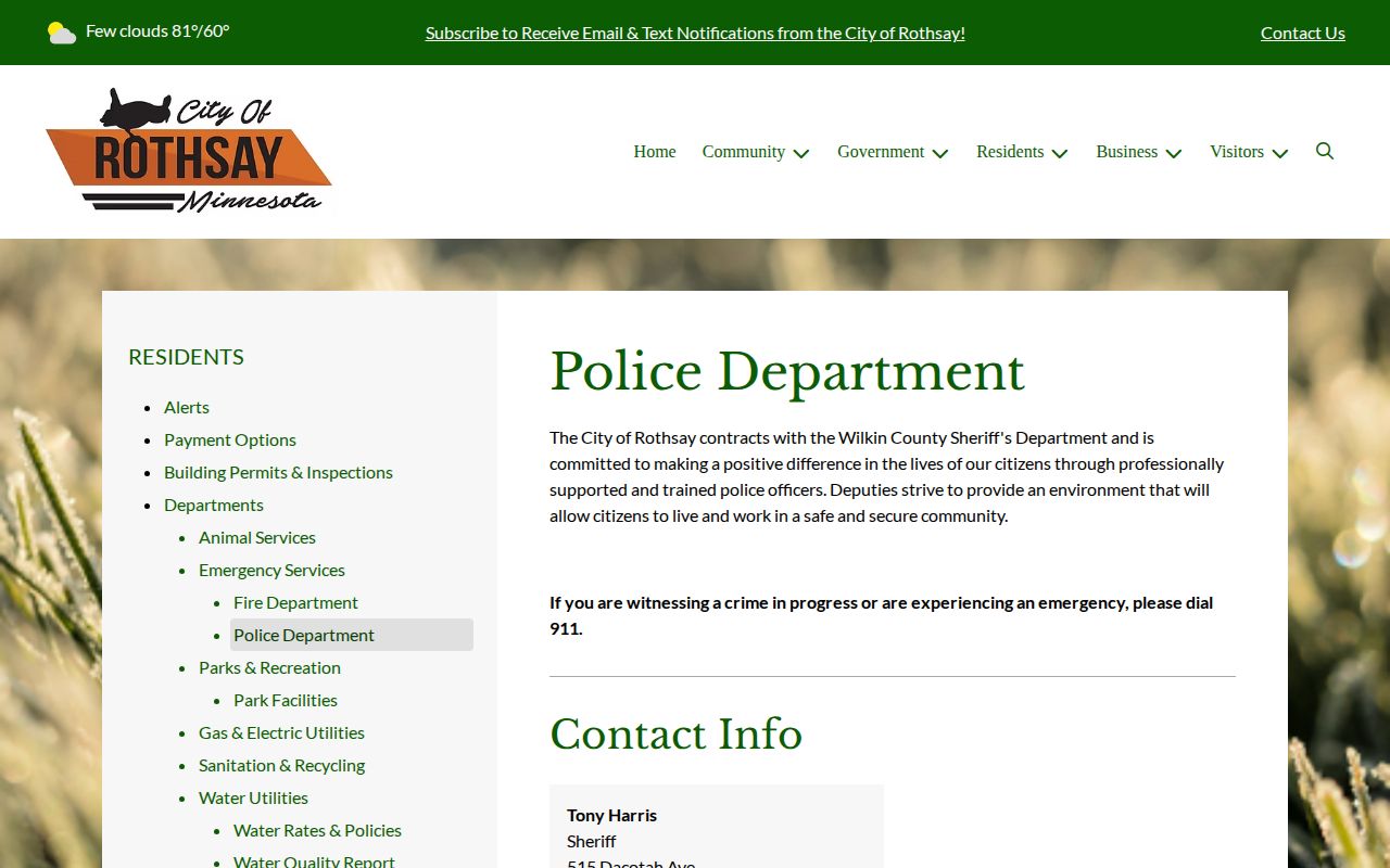 Official Rothsay Police Department page identifying Wilkin County Sheriff service